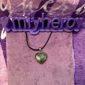 Slate Polished Stone Crystal Heart Pendant with Faux Leather Necklace